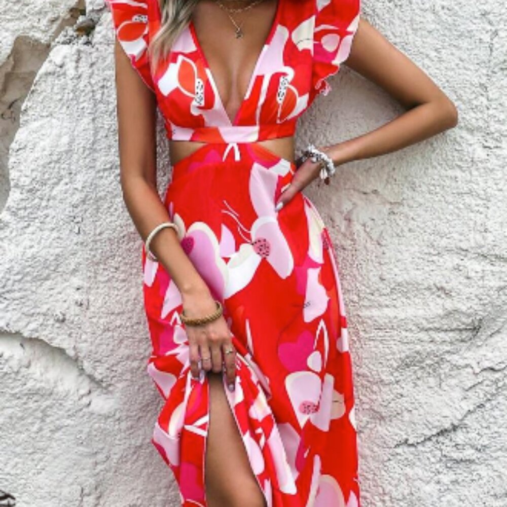 SHEIN VCAY Floral Print Ruffle Midi